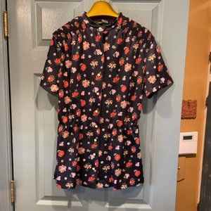 Tiffiny floral uniform top, lightly worn early 90s. black, red, lavender. 35" ch